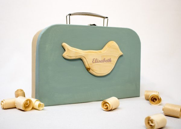 Geschenkkoffer mit Namen - Motiv Vogel - Farbe grün - 2